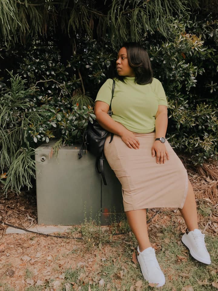 Neon Fashion - Neon Green shirt with a long Kaki Skirt